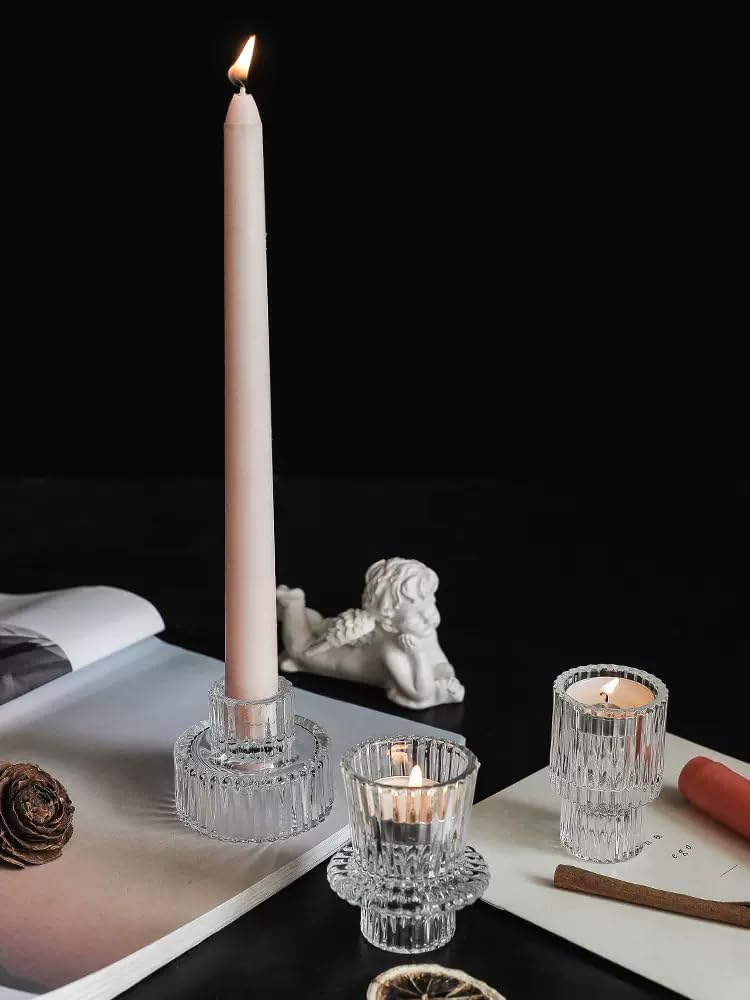 Vixdonos Taper Glass Candlestick Holders Tealight Candle Holders for Table Centerpieces, Wedding Decor and Dinner Party (6 Pcs, Green)