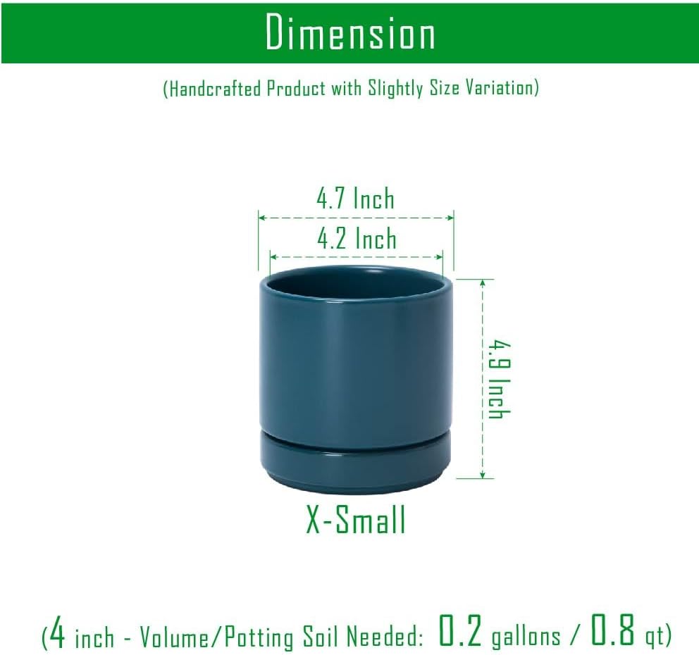 D'vine Dev 6.5 Inch Ceramic Planter Pot with Drainage Hole and Saucer, Indoor Cylinder Round Planter Pot, Olive, 94-O-C-J