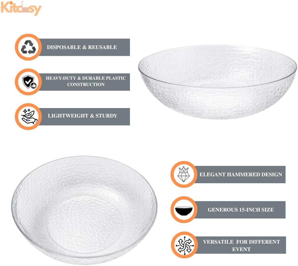 15-Inch Clear Hammered Plastic Bowl – Large Disposable Serving Bowl for Salads, Fruit, Chips & Party Food, Elegant Heavy-Duty Catering Bowl for Events, Buffet, Meal Prep & Everyday Kitchen Use (1)