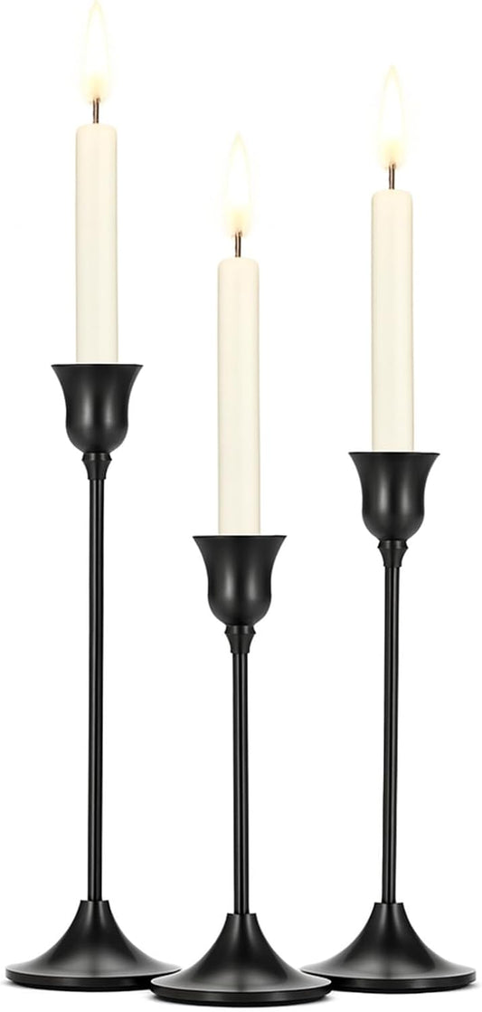 Tifanso Taper Candle Stick Holder - 3PCS Brass Gold Pillar Tall Candlestick Holders Metal Vintage Decor Dinner Table Dining Room Centerpieces Decorations for Wedding Fireplace Mantel Housewarming Gift