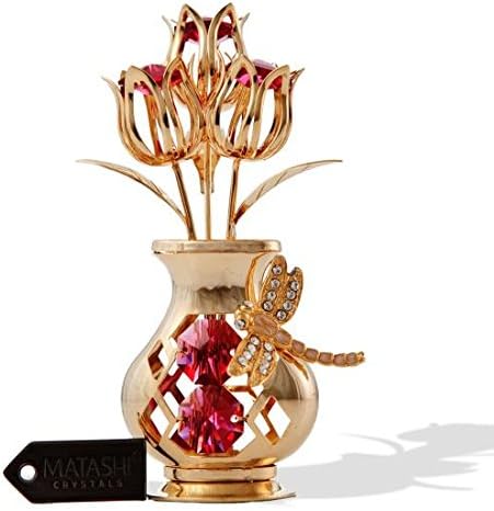 Matashi 24K Gold Plated Crystal Flower Figurine with Clear Crystals & Butterfly – Luxury Decorative Tulip Statue, Elegant Tabletop Home Décor, for Mother's Day, Valentine's Day, Christmas