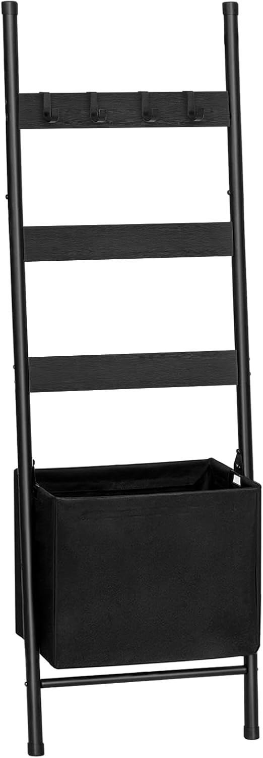 HOOBRO Blanket Ladder with Basket, 17.3”L x 63.4”H, Towel Rack with Hooks, Blanket Holder Rack, Decorative Ladder Shelf, Drying and Display Rack for Bathroom, Living Room, Rustic Brown BF31CJ01