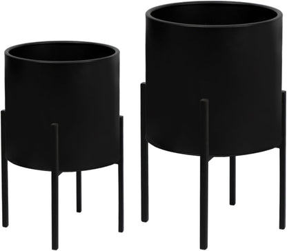 ARNIS Modern Plant Pots, Set of 2 Large Planters with Stand, Decorative Planters, Metal Pots with Drainage Holes for Living Room, Office, Garden or Balcony, 8.25 &10.5 Inch, Dirt
