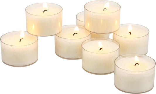 Stonebriar 48 Count White Unscented Smokeless Long Burning Clear Cup Tea Light Candles with 8 Hour Burn Time