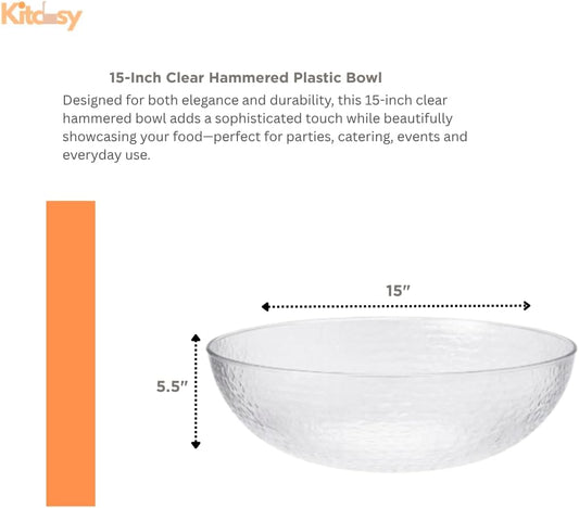 15-Inch Clear Hammered Plastic Bowl – Large Disposable Serving Bowl for Salads, Fruit, Chips & Party Food, Elegant Heavy-Duty Catering Bowl for Events, Buffet, Meal Prep & Everyday Kitchen Use (1)
