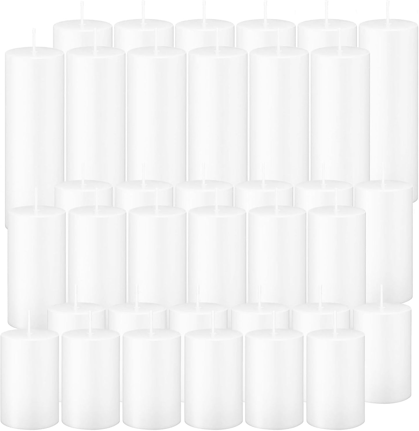 18 Pcs White Pillar Candles Bulk Set，Hurricane Candles，3 Different Lengths 2 x 3/4/6 Inch (6 Each)，Dripless Unscented Smokeless，Gives You a Better Atmosphere When Organizing an Event Party.
