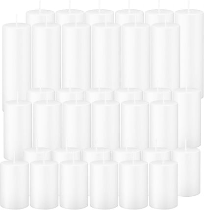 18 Pcs White Pillar Candles Bulk Set，Hurricane Candles，3 Different Lengths 2 x 3/4/6 Inch (6 Each)，Dripless Unscented Smokeless，Gives You a Better Atmosphere When Organizing an Event Party.
