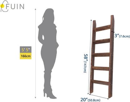 FUIN 5ft (58") Wood Blanket Ladder Living Room Decorative Wall Leaning Farmhouse Quilt Display Holder Storage Rustic Wooden Towel Rack for Bathroom, Brown