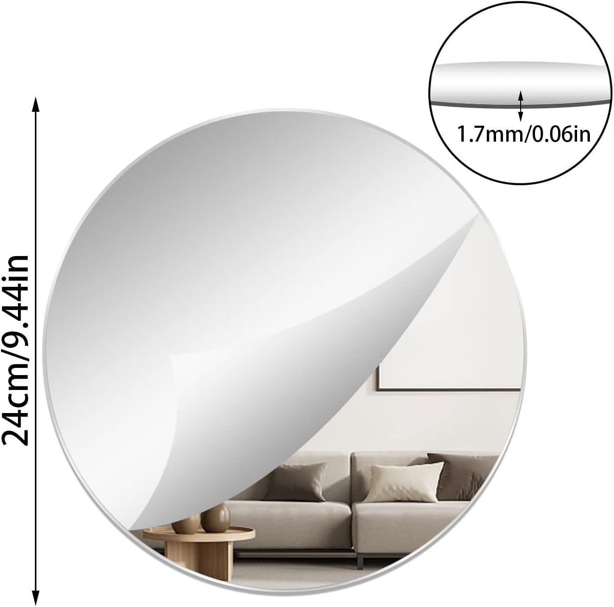 7.87" Round Wall Mirror Tile Self Adhesive Acrylic Mirror Sheet Sticker for Bathroom, Bedroom, Door, Home Decor