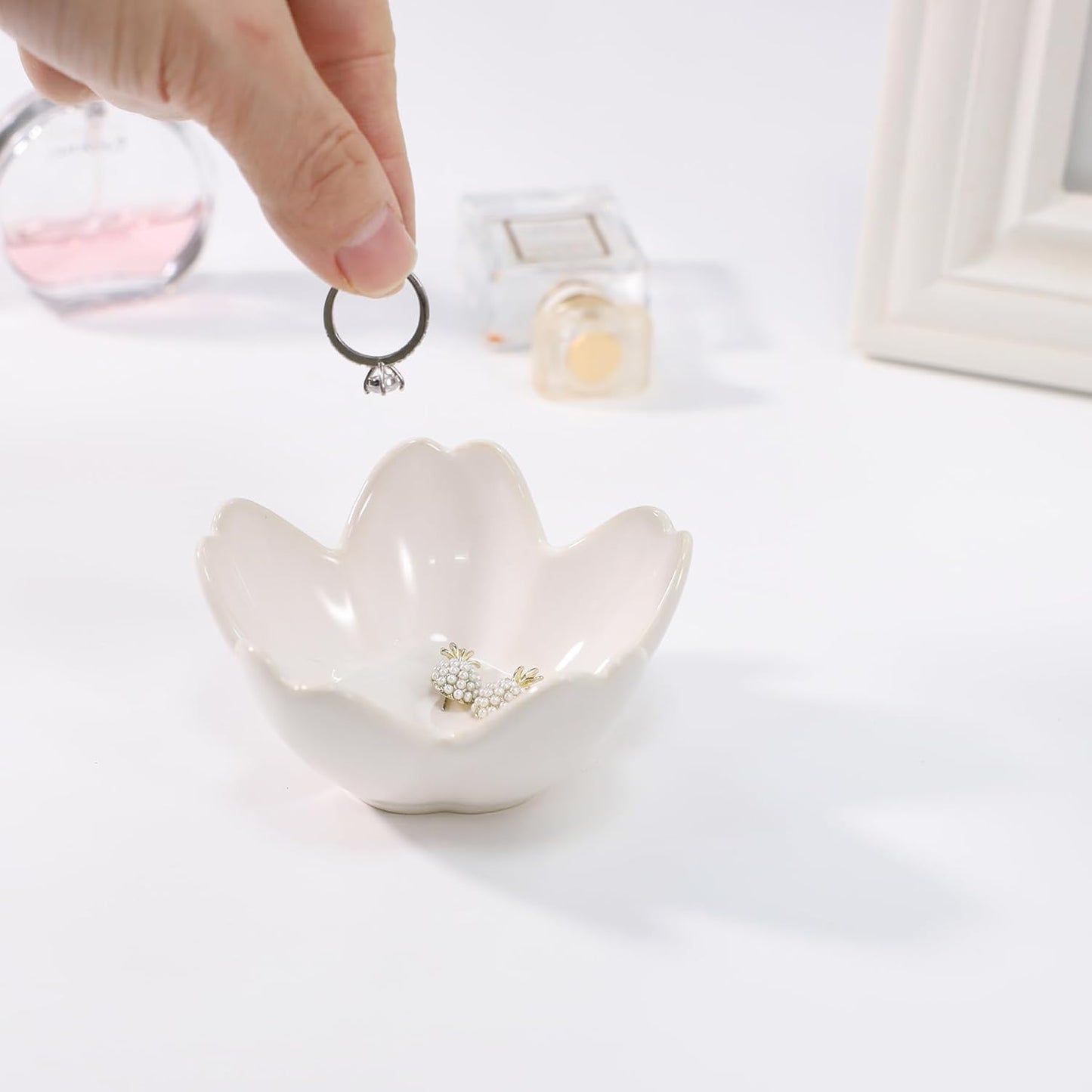 Pink Flower Ring Dish Holder,Jewelry Dish Tray,Small Trinket Tray,Jewelry Plate Bowl,Key Bowl,Decorative Plate,Mothers Day Birthday Gifts for Women Friends,Ceramic Kiln effect White