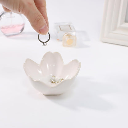 Pink Flower Ring Dish Holder,Jewelry Dish Tray,Small Trinket Tray,Jewelry Plate Bowl,Key Bowl,Decorative Plate,Mothers Day Birthday Gifts for Women Friends,Ceramic Kiln effect White