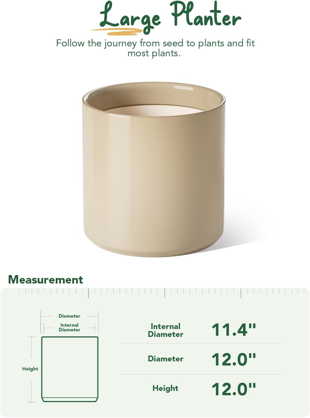 LE TAUCI 12 Inch Pot for Plants, Ceramic Planters for Indoor Plants, Mid-Century Modern Cylinder Flower Pots with Drainage Hole, Fits Fiddle Leaf Fig & Monstera, Home Decor, White