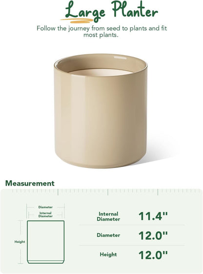 LE TAUCI 12 Inch Pot for Plants, Ceramic Planters for Indoor Plants, Mid-Century Modern Cylinder Flower Pots with Drainage Hole, Fits Fiddle Leaf Fig & Monstera, Home Decor, White
