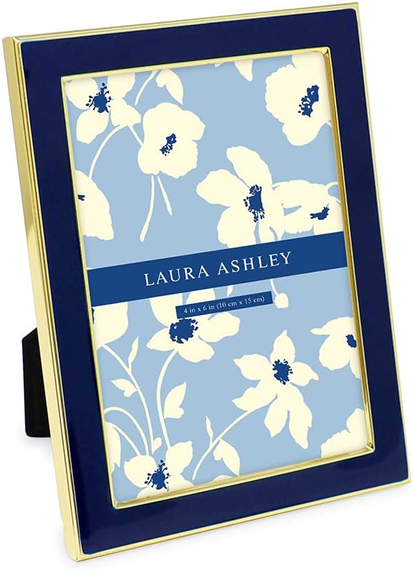 Laura Ashley 5x7 Navy Enamel Picture Frame, Gold Metal Edge with Easel, for Countertop, Counterspace, Tabletop Display, Bookshelf, Desk, Wall Décor, Photo Gallery (5x7, Navy W/Gold)