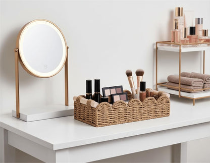 CubesLand Paper Rope Scalloped Edge Toilet Paper Storage Basket, Small Living Room, Bedroom Decor Baskets for Over Toilet Storage Shelf, End Table, Shelves and More, with 2 Wooden Handle, Neutral