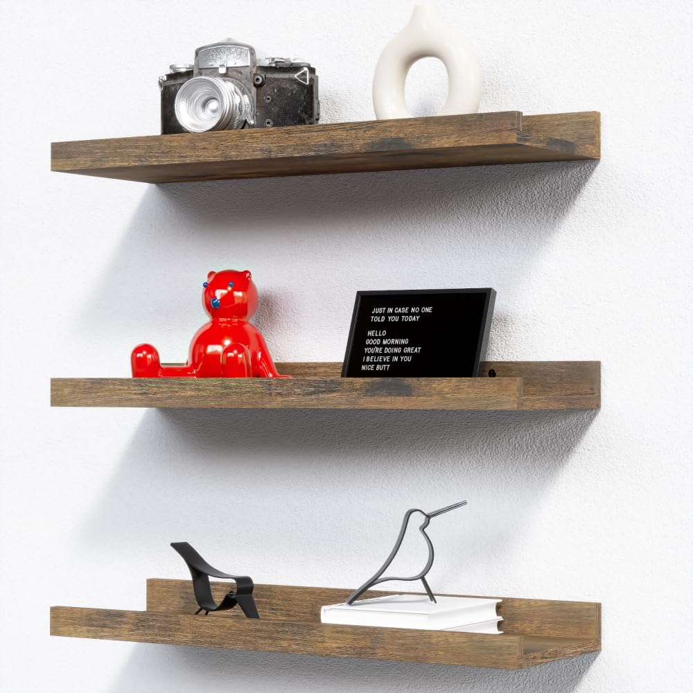 RICHER HOUSE 5 Set Floating Wall Mounted Shelves, Black Shelves for Wall Decor, Modern Picture Ledge Shelf with Lip for Storage, Nursery, Bedroom, Living Room, Bathroom - Black