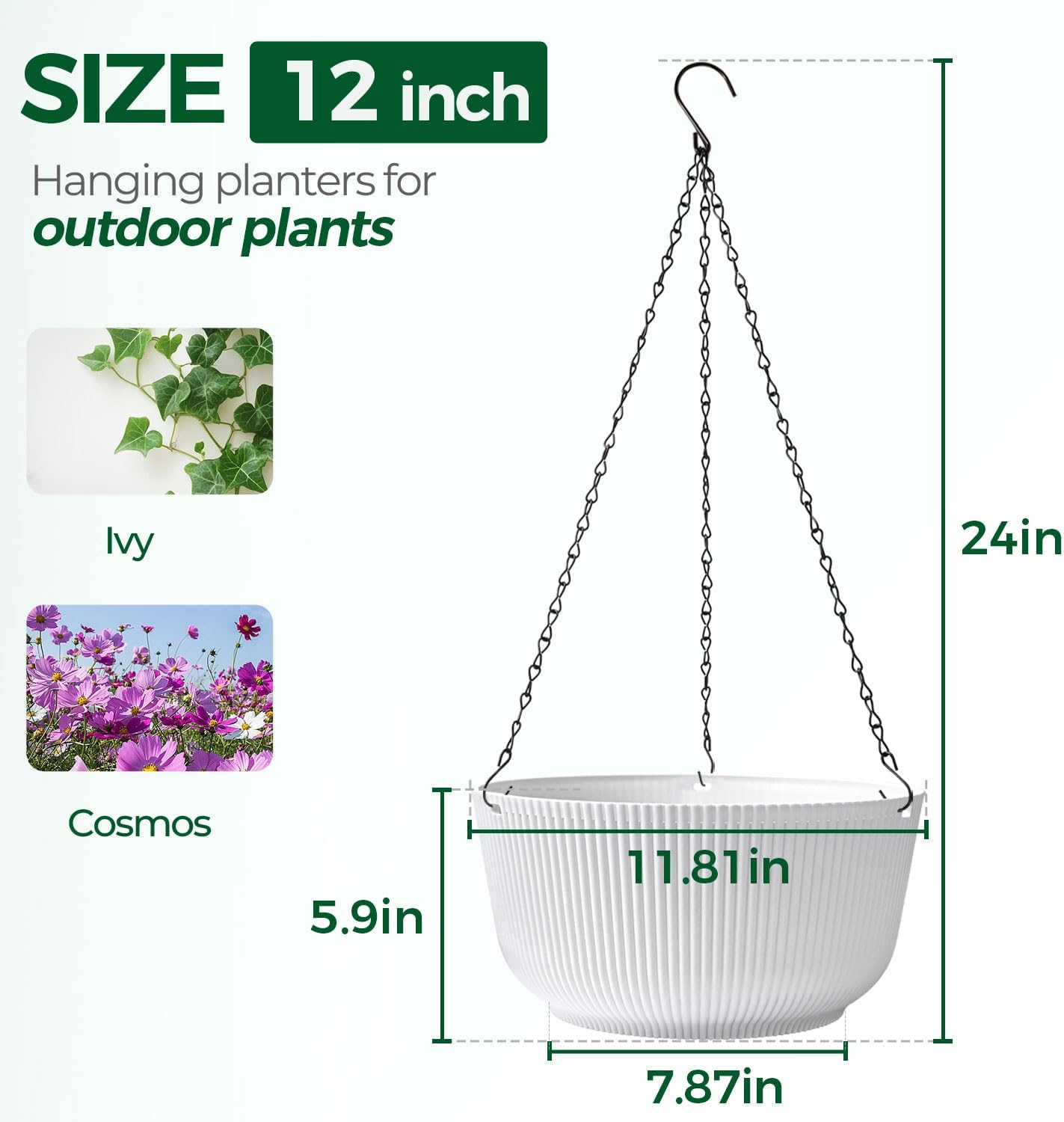 T4U 10 Inch Hanging Planters for Indoor Plants, 2 Pack White Self Watering Hanging Plant Pot, Hanging Pots Set with Drainage Hole & Plug & Chain with 3 Hooks for Garden Home Decor