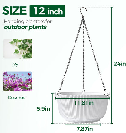 T4U 10 Inch Hanging Planters for Indoor Plants, 2 Pack White Self Watering Hanging Plant Pot, Hanging Pots Set with Drainage Hole & Plug & Chain with 3 Hooks for Garden Home Decor