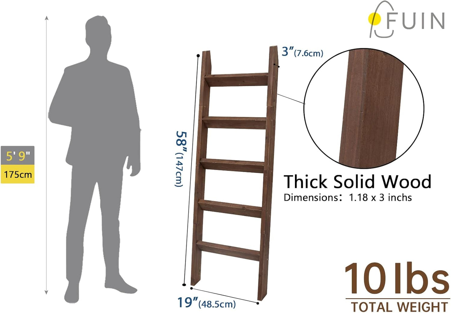 FUIN 5ft (58") Wood Blanket Ladder Living Room Decorative Wall Leaning Farmhouse Quilt Display Holder Storage Rustic Wooden Towel Rack for Bathroom, Brown