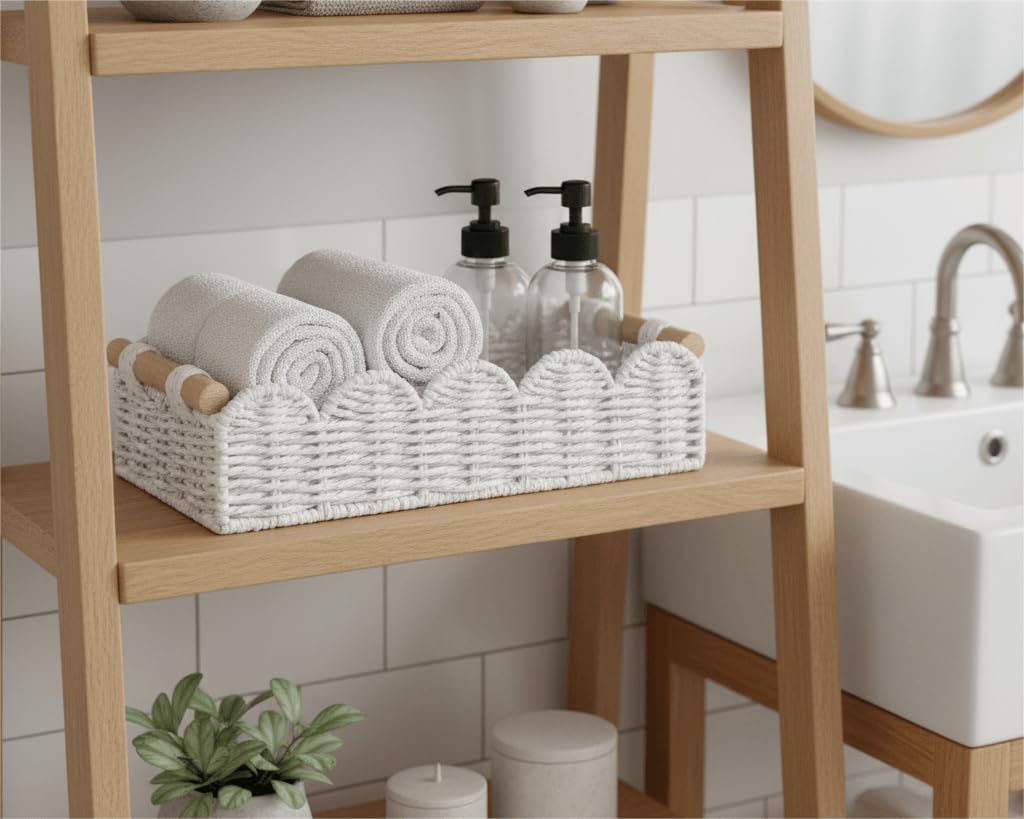 CubesLand Paper Rope Scalloped Edge Toilet Paper Storage Basket, Small Living Room, Bedroom Decor Baskets for Over Toilet Storage Shelf, End Table, Shelves and More, with 2 Wooden Handle, Neutral