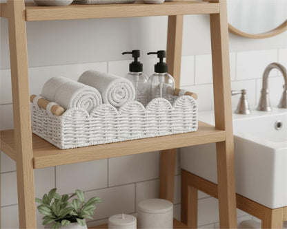CubesLand Paper Rope Scalloped Edge Toilet Paper Storage Basket, Small Living Room, Bedroom Decor Baskets for Over Toilet Storage Shelf, End Table, Shelves and More, with 2 Wooden Handle, Neutral