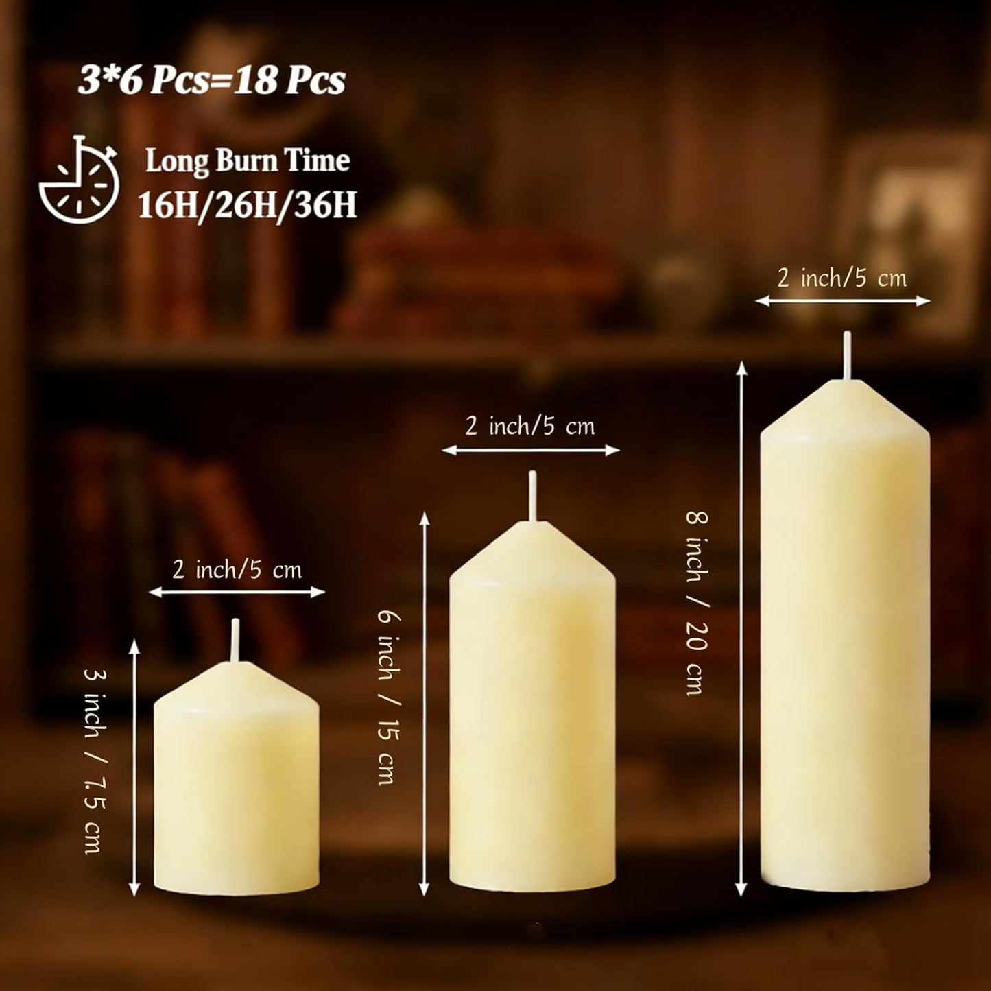 18 Pcs Ivory Pillar Candles Bulk Set，3 Different Lengths 2 x 3/4/6 Inch (6 Each)，Hurricane Candles，Dripless Unscented Smokeless，Gives You a Better Atmosphere When Organizing an Event Party.