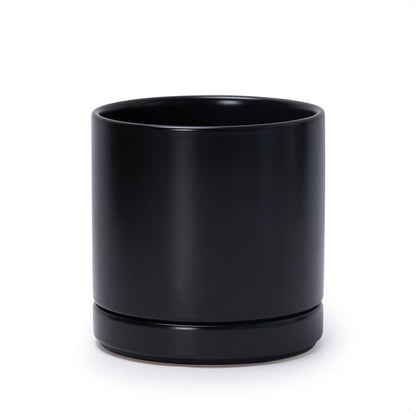 D'vine Dev 6.5 Inch Ceramic Planter Pot with Drainage Hole and Saucer, Indoor Cylinder Round Planter Pot, Olive, 94-O-C-J
