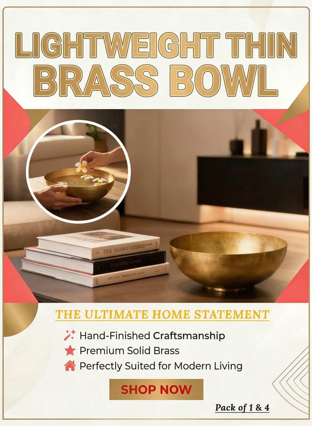 Serene Spaces Living Lightweight Antique Brass Decorative Bowl - Elegant Potpourri Catchall for Diwali Home Décor, Entryway and Dining Table, 2.75" Tall & 8" Diameter