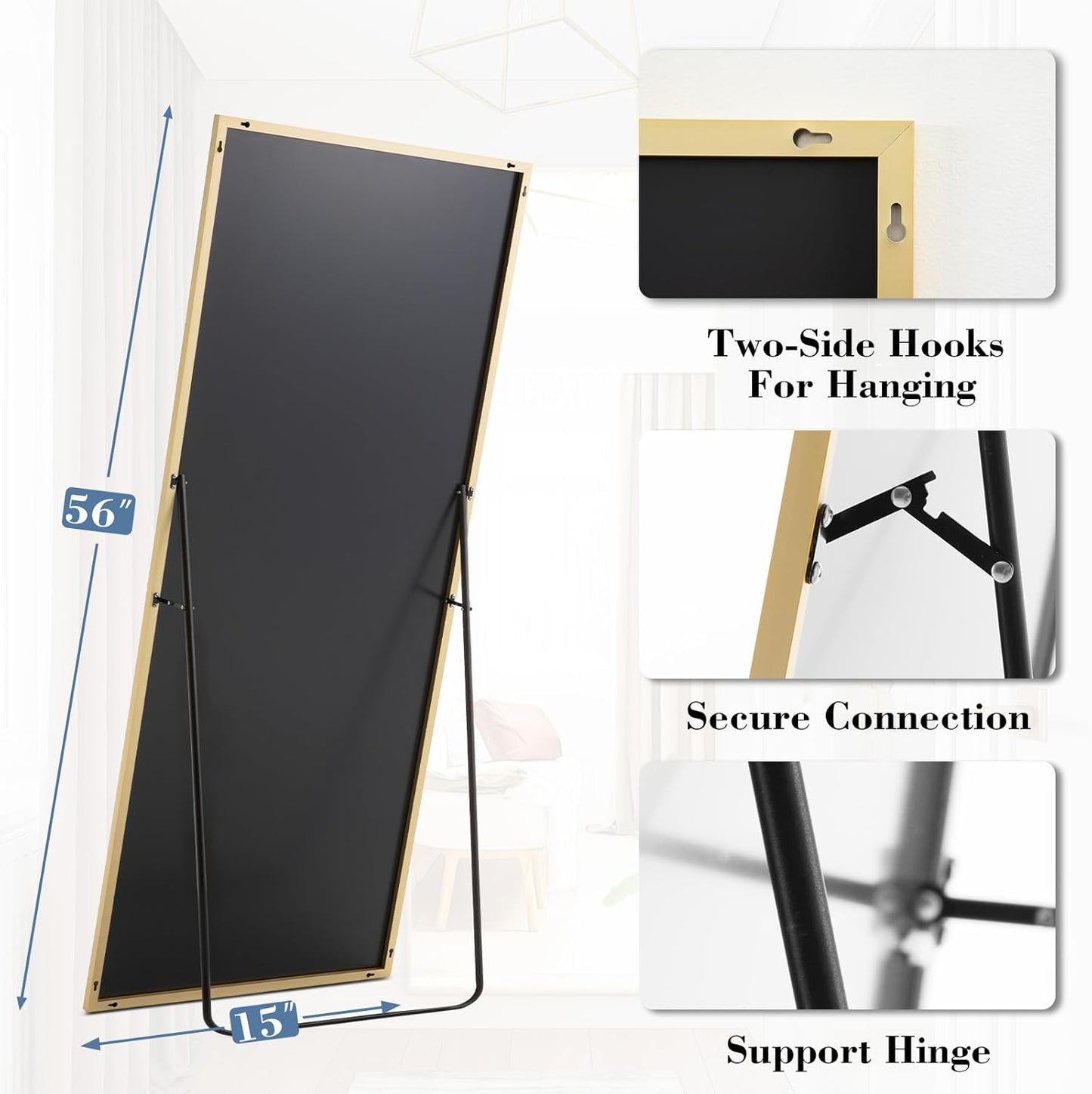 DUMOS Arched Full Length Mirror with Stand 64"x21" Floor Standing Aluminum Frame for Bedroom Body Hanging Leaning Modern Simple Home Decor Shatter-proorf Nano Glass Wall Living Room Cloakroom Black