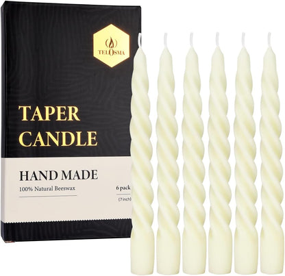 Beeswax Taper Candles Set of 4,Spiral Taper Candle Dripless Short Candle Sticks for Dinner Wedding Party Christmas Home Decorations - 7 inch in Height- Off White