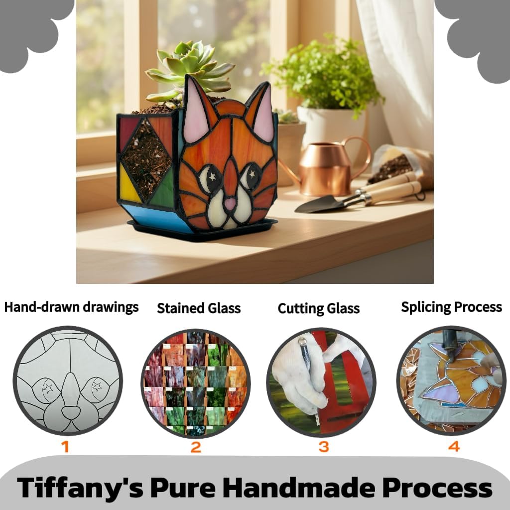 Tiffany Stained Glass Fun Moon Sleeping Cat Planter，Cactus Planter，Cute Planters for Indoor Plants,Decorative Flower Pots As Gifts for Cat Lovers，4.6x3x5.15 in