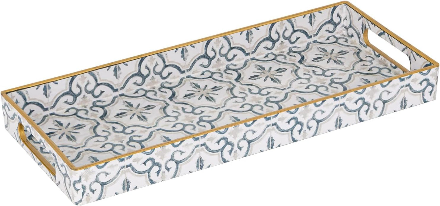 MAONAME White Decorative Tray, Plastic Serving Tray with Handles, Rectangular Moroccan Trays, Long Narrow Trays for Bathroom, Kitchen Counter, 13.8" X 6" X 1.57"
