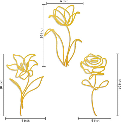 Oubasa Metal Flowers Wall Art Set of 3, Farmhouse Floral Home Decoration, Modern Line Art Flower Wall Decor for Living Room Bedroom Bathroom, Minimalist Botanical Wall Sculpture – Lily, Tulip, Rose