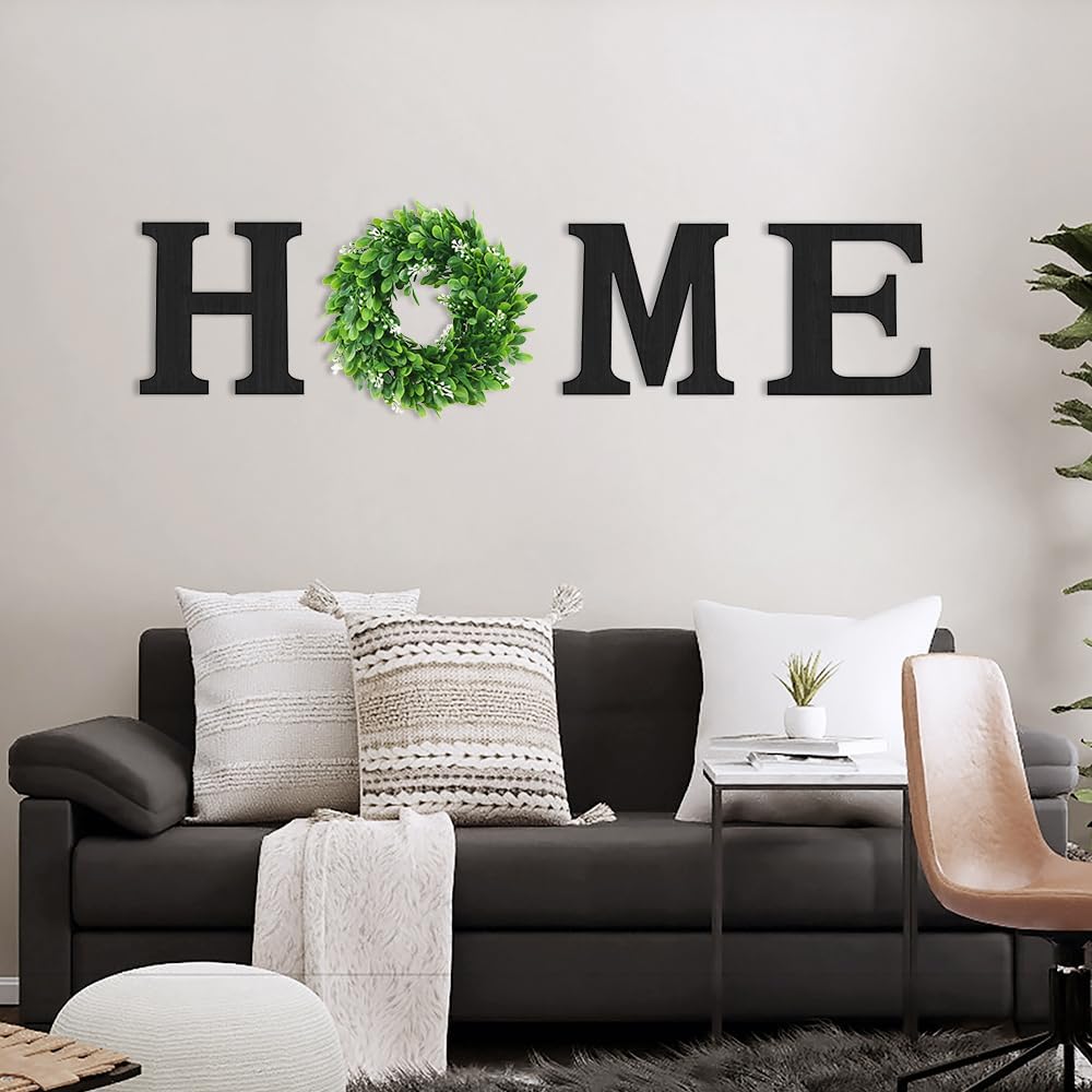Pinkpum Wood Home Sign with Artificial Eucalyptus Wreath for O, Hanging Farmhouse Wall House Decor Wood Letters for Wall Art Rustic Home Decor, Wall Decor for Living Room Kitchen Entryway (Black)