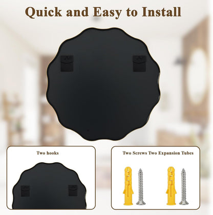 VooBang Black Scalloped Large Circle Mirror, 42" Wavy Edge Round Wall Mirror with Tempered Glass Textured Circular Metal Deep Frame, Hanging Leaning for Bathroom, Hallway, Entryway, Livng Room