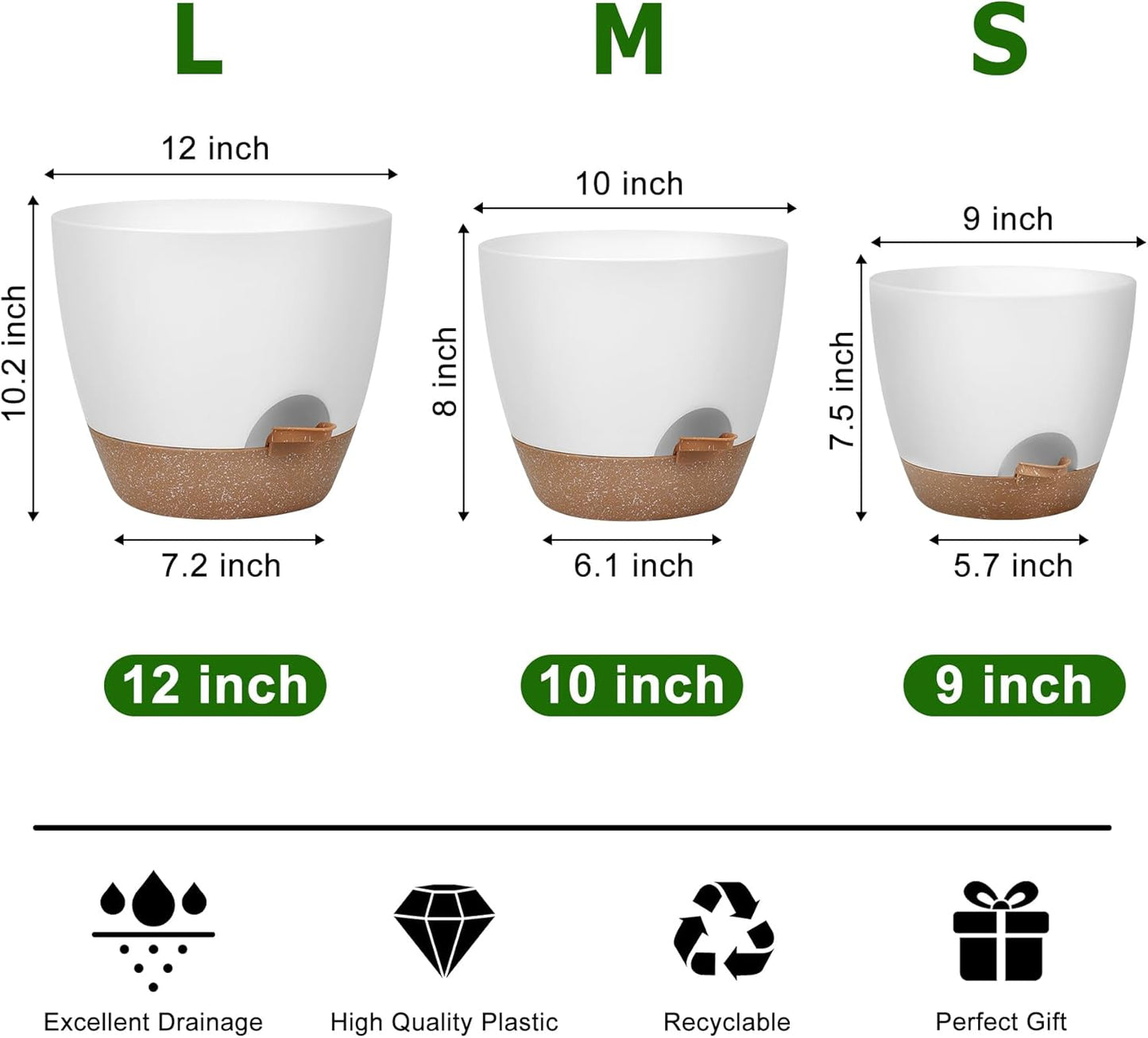 QRRICA Plant Pots 10/9/8/7.5/7 Inch Self Watering Pots, Set of 5 Plastic Planters with Drainage Holes and Saucers,Plastic Flower Pots,Nursery Planting Pot for Indoor Out Door Plants（Green）