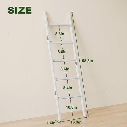 Blanket Ladder Towel Racks For Bathroom 5 Layers Towel Holder 100% Bamboo Wood Sturdy Construction No Need Wall Drilling Quilt Scarf Storage Solution Decorative Leaning Shelf for Living Room (White)