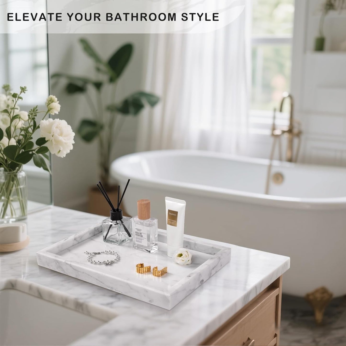 Marble Bathroom Tray for Countertop & Home Decor, Natural Decorative Marble Tray for Jewelry & Perfume Organizer, Luxury Stone Vanity Trays for Dresser, Kitchen Counter, 12" x 8", Gray Black