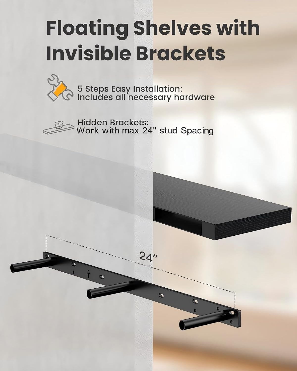AMADA HOMEFURNISHING Floating Shelves, Wall Shelves for Bathroom/Living Room/Bedroom/Kitchen Decor, White Shelves with Invisible Brackets Set of 3 - AMFS08