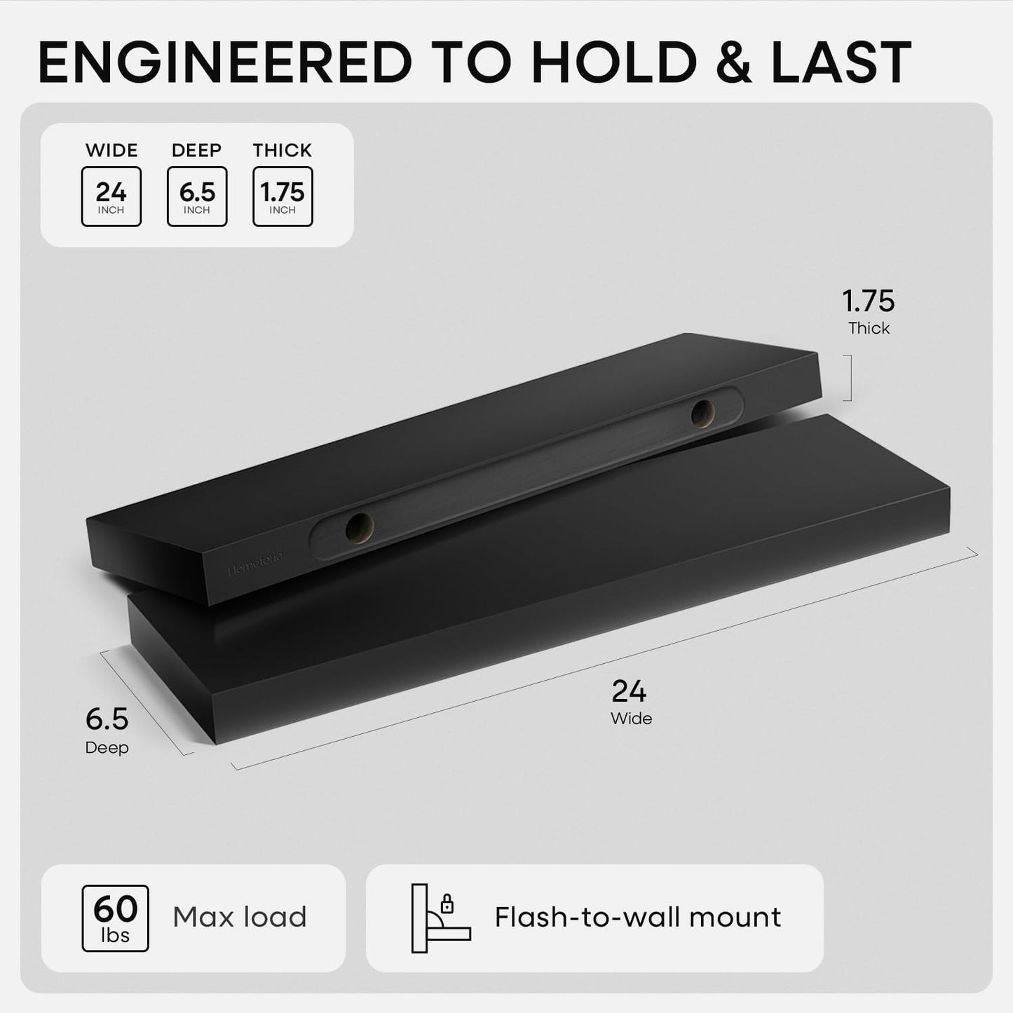 Homeforia 24 inch Natural Floating Shelf, High End Solid Real Wood 24inch Small Floating Shelves for Wall Mounted, Natural Wooden Floating Shelves, Heavy Duty Bracket, 24 X 6.5 X 1.75 in, Set of 2