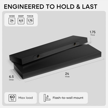 Homeforia 24 inch Natural Floating Shelf, High End Solid Real Wood 24inch Small Floating Shelves for Wall Mounted, Natural Wooden Floating Shelves, Heavy Duty Bracket, 24 X 6.5 X 1.75 in, Set of 2