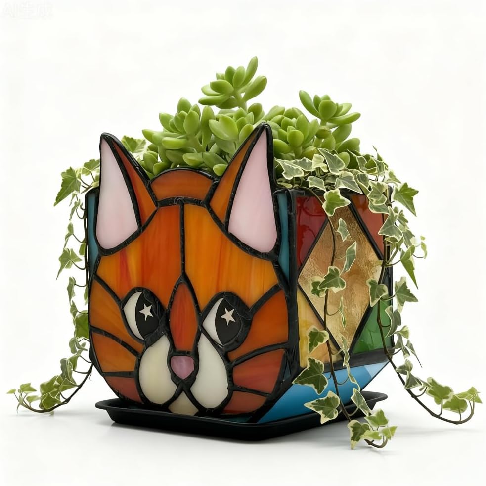 Tiffany Stained Glass Fun Moon Sleeping Cat Planter，Cactus Planter，Cute Planters for Indoor Plants,Decorative Flower Pots As Gifts for Cat Lovers，4.6x3x5.15 in
