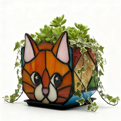 Tiffany Stained Glass Fun Moon Sleeping Cat Planter，Cactus Planter，Cute Planters for Indoor Plants,Decorative Flower Pots As Gifts for Cat Lovers，4.6x3x5.15 in