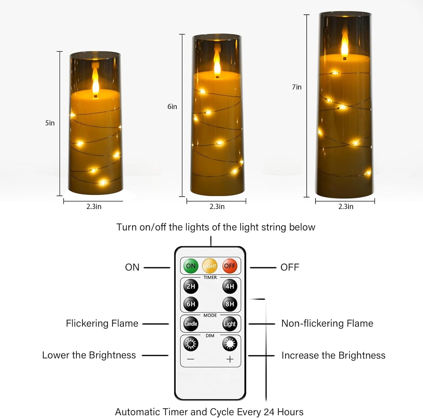 Nimiko Flickering Flameless LED Candles, 9 Pcs with Embedded Star String, Acrylic LED Pillar Candles with Remote, Suitable for Home Decoration (White)