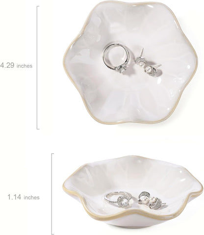 Pink Flower Ring Dish Holder,Jewelry Dish Tray,Small Trinket Tray,Jewelry Plate Bowl,Key Bowl,Decorative Plate,Mothers Day Birthday Gifts for Women Friends,Ceramic Kiln effect White