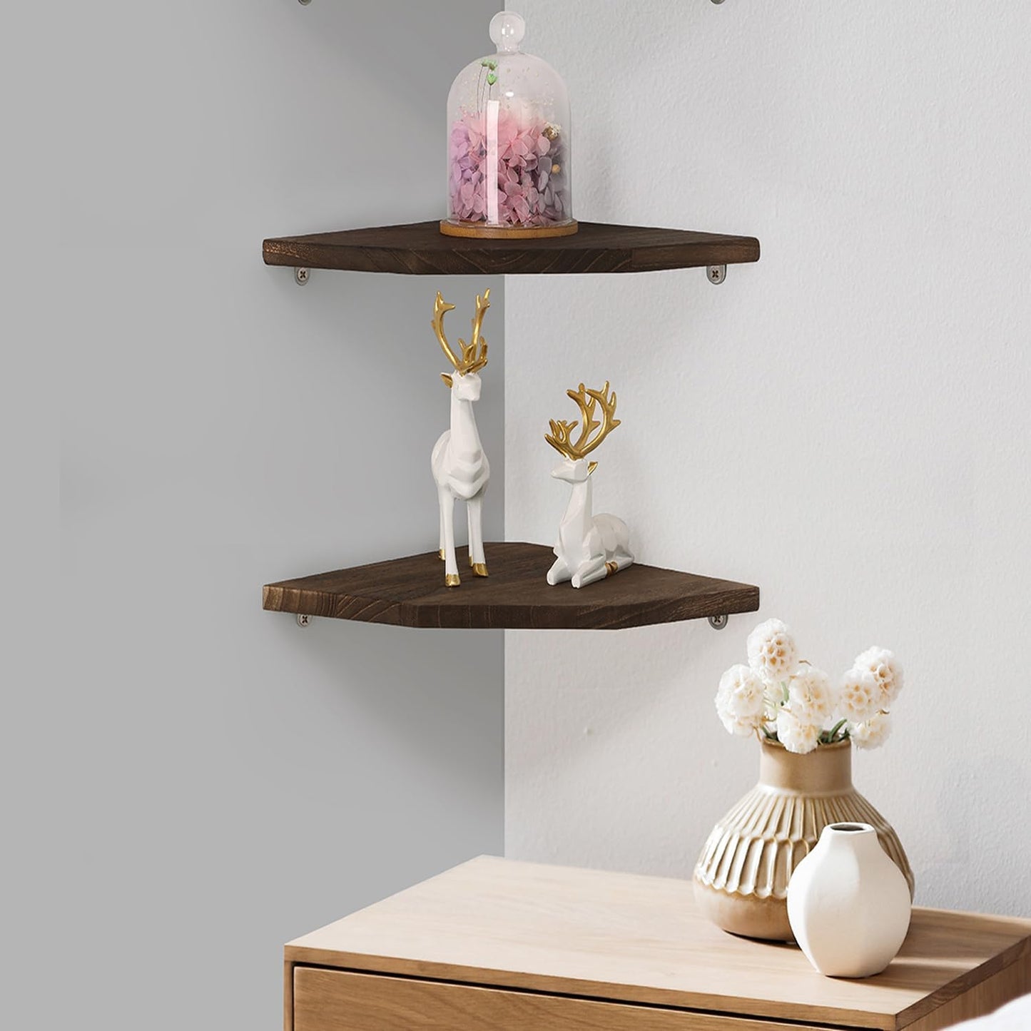 Joiishom Wood Corner Wall Shelves Set of 2, Solid Wood Corner Floating Shelves for Wall, Round End Wall Mounted Floating Corner Shelf for Bedroom, Living Room and Kitchen. (Brown-10 inch)