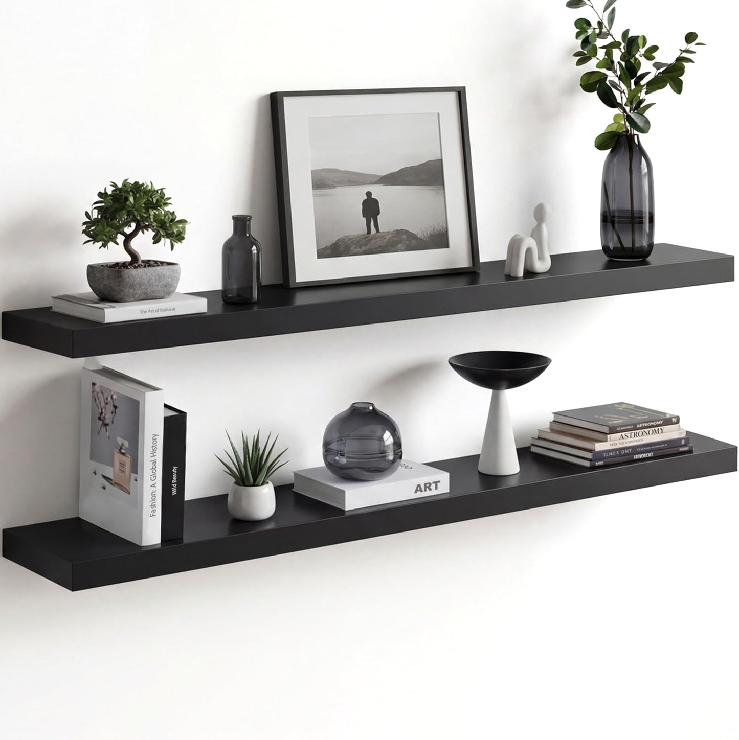 Homeforia 24 inch Natural Floating Shelf, High End Solid Real Wood 24inch Small Floating Shelves for Wall Mounted, Natural Wooden Floating Shelves, Heavy Duty Bracket, 24 X 6.5 X 1.75 in, Set of 2