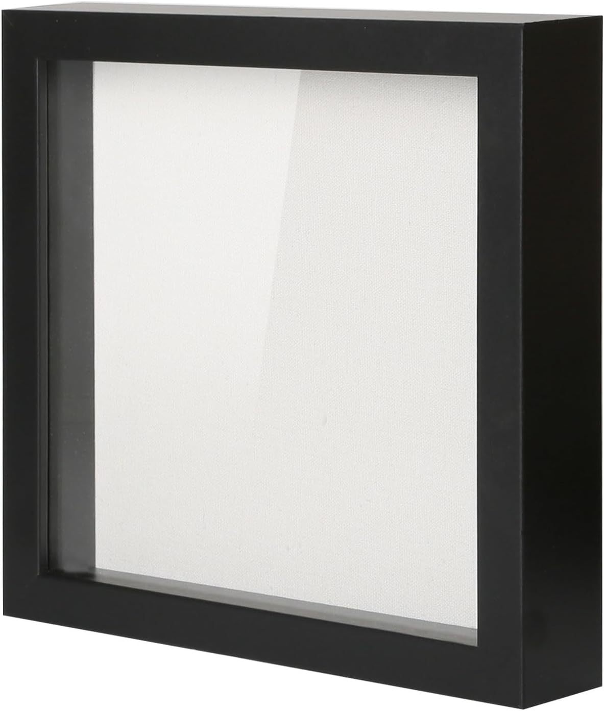 Muzilife 8x8 Shadow Box Picture Frame with Linen Board - Deep Wood & Glass Display Case Ready to Hang Memory Box Baby Sports Memorabilia, Pins, Awards, Medals, Wedding, Tickets and Photos (Black)