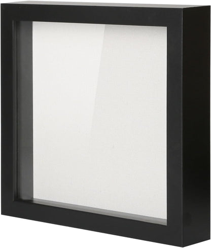 Muzilife 8x8 Shadow Box Picture Frame with Linen Board - Deep Wood & Glass Display Case Ready to Hang Memory Box Baby Sports Memorabilia, Pins, Awards, Medals, Wedding, Tickets and Photos (Black)