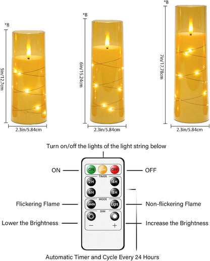 Nimiko Flickering Flameless LED Candles, 9 Pcs with Embedded Star String, Acrylic LED Pillar Candles with Remote, Suitable for Home Decoration (White)